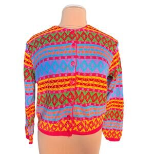 Vintage Benetton Rainbow Fair Isle Cardigan Cropped Cotton Italy Artsy Dopamine